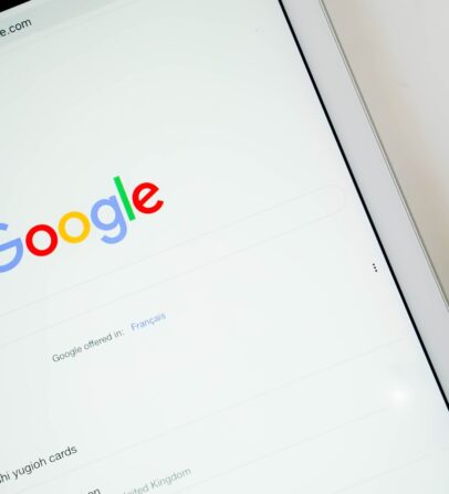 The Google search homepage is open on a tablet screen.