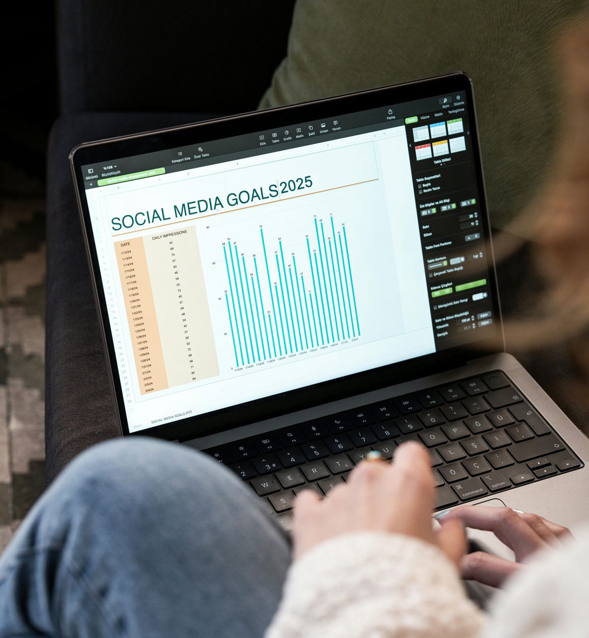 A person working on a laptop displaying a graph of social media service goals, showcasing our digital marketing services for business growth.