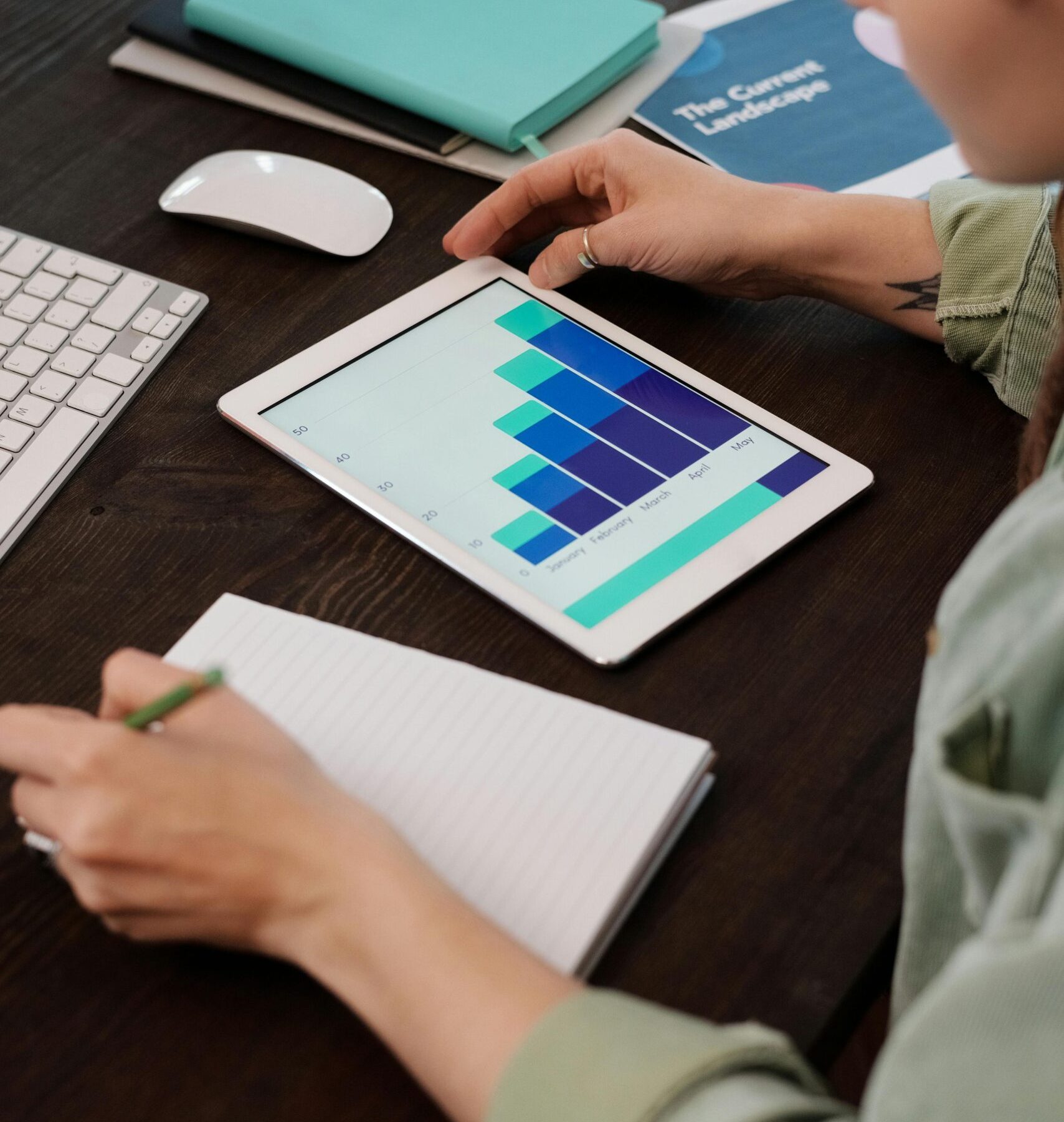 Person analyzing a bar graph on a tablet and taking notes a moment about data-driven decision-making.